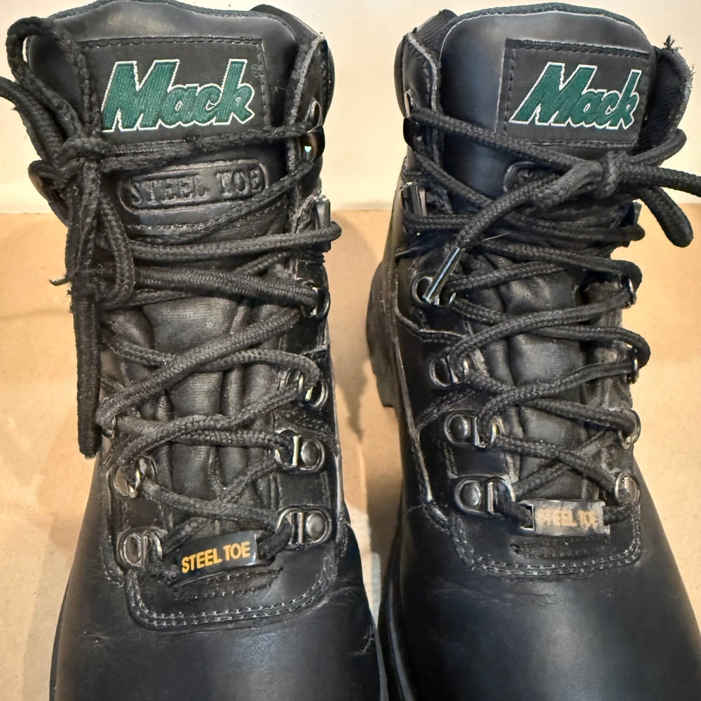 Mack Steel Toe Leather Work Boots Mens Size 11 Black Lug Sole Safety Boots